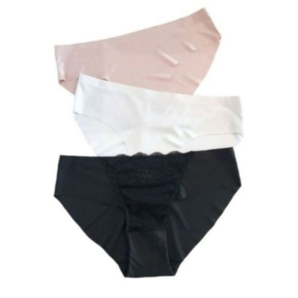 3-Pack Womens Seamless Low Rise Panties W/ Sheer Lace Front (Black Only) Stretch